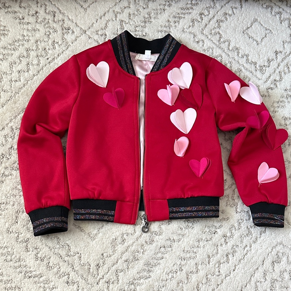Truly Me Red Bomber Jacket with Pink Heart Appliqués